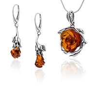 Set di gioielli in argento da donna Ambra 060B Rose d'ambra, ciondolo con catena e orecchini, ambra baltica, argento 925