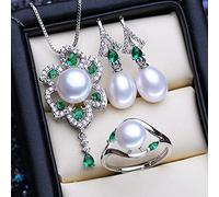Set di Gioielli in Argento Sterling 925 Orecchini di Perle Naturali per Le Donne Collane con Pendente Grande Smeraldo della Boemia Anelli Verdi
