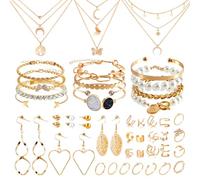 Set di Gioielli in Oro da 43 Pezzi per Ragazze e Signore, con 3 Collana, 12 Bracciali, 10 Anelli, 6 paia di Orecchini, 12 Bracciali per le Orecchie per San Valentino, Festa Della Mamma, Matrimonio