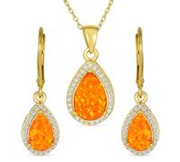 Set Di Gioielli In Pendente A Goccia Di Opale Creato Arancione Fuoco Solitario Con Accentuazione Di Zirconi E Stile Di Antico Tenuta Elegante Per Donne Placcato In Oro Argento Sterling .925