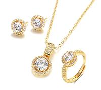 Set di Gioielli in zircone d'oro, Anello di Fidanzamento, Collana, orecchino, per Gioielli da Sposa, Regalo di San Valentino per Le Donne