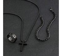 Set di gioielli neri multifunzionali da 3 pezzi, collana con pendente a croce alla moda da uomo, set di collana, bracciale e anello minimalista, gioielli in stile punk, regalo per il compleanno del fi