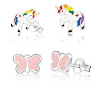 Set di gioielli regalo per bambini adolescenti ragazze orecchini a perno unicorno e farfalla in argento Sterling 925, con custodia Tiwoca di alta qualità e panno per la pulizia
