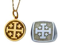 Set di gioiellicroce di Gerusalemme e anello con sigillo|LK_PCOM_0140 | Ciondolo in argento sterling 925, misura 24 mm, placcato argento e oro, ciondolo cristiano significativo, set di gioielli