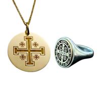 Set di gioiellicroce di Gerusalemme e anello con sigillo|LK_PCOM_0222 | Ciondolo in argento sterling 925, misura 24 mm, placcato argento e oro, ciondolo cristiano significativo, set di gioielli