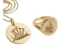 Set di gioielliforma di nave vichinga e anello con sigillo|LK_PCOM_0230 | Ciondolo in argento sterling 925, misura 24 mm, placcato oro, con ciondolo a forma di vita marina, set di