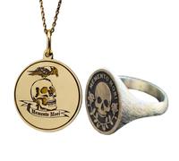 Set di gioielliMemento Mori e teschio e anello con sigillo|LK_PCOM_0564 | Ciondolo in argento sterling 925, misura 24 mm, con corvo placcato argento e oro, set di gioielli significativi