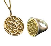 Set di gioiellisacro Seme della Vita e anello con sigillo|LK_PCOM_0365 | Ciondolo in argento sterling 925, misura 24 mm, Fiore dell'Eternità placcato argento e oro, set di gioielli significativi