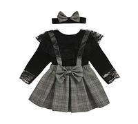 Set di Gonna a Bretelle Scozzese a Maniche Lunghe per Bebè Neonate Top in Pizzo a Maniche Lunghe Vestito con Bretelle con Fascia 3 Pezzi Abiti Primaverili Autunnali, Nero, 90, 1-2 Anni