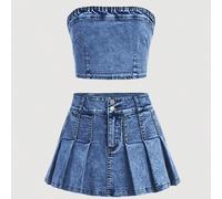 Set di gonna in jeans con pieghe pressate e top senza spalline stile Y2K per ragazze, completo di abbigliamento da strada per il ritorno a scuola in due pezzi 8Y,9Y,10Y,11Y,12YColore unicoDenim