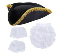 Set di grembiule con cappello da tricorno coloniale con bordo in oro e polsino bianco, set da festa pirata nera per giochi di ruolo di guerra rivoluzionaria, tricorno coloniale, polsini bianchi, set
