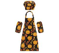 Set di grembiule per bambini con cappello da chef, comodo, autunnale, zucca, foglie d'acero, per il Ringraziamento, con tasche, per cucinare e dipingere, dai 3 ai 12 anni, Autunno Zucca Autunno Foglia