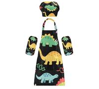 Set di grembiule per bambini con cappello da chef, creativo, colorato, dinosauri, sfondo nero, grembiule regolabile con tasche, per ragazzi e ragazze, attività di pittura artistica, 3-12 anni, Cartone