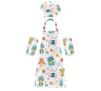 Set di grembiule per bambini con cappello da chef, creativo, divertente, alieni, bianchi, con tasche, per cucinare e cuocere al forno, 3-12 anni, cartone animato, divertente, alieni, bianco, M