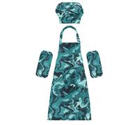 Set di grembiule per bambini con cappello da chef, divertente, mimetico, turchese, grembiule da cucina con tasche, per bambini dai 3 ai 12 anni, Turchese Camouflage, S