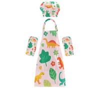 Set di grembiule per bambini con cappello da cuoco adorabile e carino con dinosauri verdi rosa, grembiule regolabile con tasche per bambini da 3 a 12 anni, Simpatico cartone animato verde dinosauri