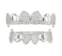 Set di Grillz a Zanne Vampiro con Zirconi 6 Denti Sopra Sotto con Zirconi Micro Pavé Placcato oro Gioielli Hip Hop per Rapper Halloween e Feste(Silver)