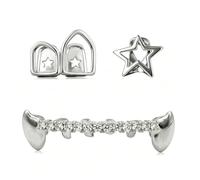 Set di grillz con stella vuota e zanne da vampiro, copridenti placcati oro 18K con zircone cubica, accessorio unisex per cosplay hip-hop(Silver)