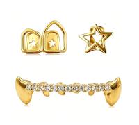 Set di grillz con stella vuota e zanne da vampiro, copridenti placcati oro 18K con zircone cubica, accessorio unisex per cosplay hip-hop(Gold)
