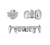 Set di Grillz Denti Totalmente Iced Out Placcato Oro 18K | Superiori e Inferiori Pavimentati con CZ | Gioielli Dentali Hip Hop Barre Stampaggio