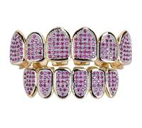 Set di Grillz Sei Denti Rosso Rosa Microincastonati 18K Placcato Oro, Gioiello Hip-Hop Unisex Regalo Decorativo per Uomo e Donna