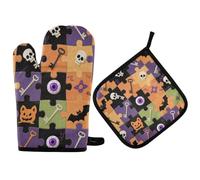 Set di guanti da cucina e presine con puzzle colorato di teschio di pipistrelli e presine, resistenti al calore, 2 pezzi, per cucina e forno