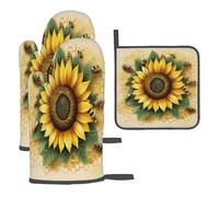 Set di guanti da forno e presine a nido d'ape con api girasole, guanti da cucina resistenti al calore con presina, guanti da cucina antiscivolo, per cottura al forno, barbecue, microonde
