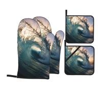 Set di guanti da forno e presine con stampa di onde oceaniche, guanti da cucina antiscivolo per cuocere alla griglia