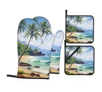 Set di guanti da forno e presine con stampa di palme con spiaggia hawaiana, guanti da cucina antiscivolo per cuocere alla griglia
