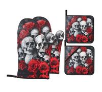 Set di guanti da forno e presine con stampa di teschio e rosa rossa. Guanti da cucina antiscivolo per cuocere alla griglia