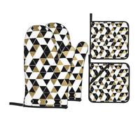Set di guanti da forno e presine, guanti da cucina alla moda moderni con stampa triangoli neri, bianchi e oro, guanti da cucina resistenti al calore