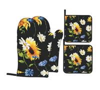 Set di guanti da forno e presine, guanti da cucina antiscivolo con stampa di girasoli e camomilla,Guanto da forno da cucina ad alta resistenza al calore