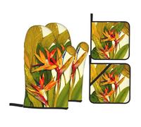 Set di guanti da forno e presine, guanti da cucina con stampa uccelli tropicali del paradiso, guanti da forno da cucina resistenti al calore