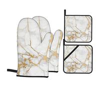 Set di guanti da forno e presine, guanti da forno e presine da cucina con motivo in marmo bianco e oro, 4 pezzi per cuocere barbecue