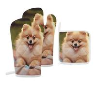Set di guanti e tappetini resistenti al calore da cucina, a pelo corto con stampa Pomerania, set da tre pezzi adatto per cucinare, cuocere, forno a microonde e pizza.