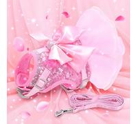 Set di imbracatura e guinzaglio elegante con diamanti e pizzo per cani, imbracatura e guinzaglio per cani e gatti con fiocco di raso e diamanti, regolabile in dimensione per gatti e cani Rosa-Taglia M