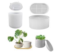 Set Di In Silicone - Stampo Per Vaso Di Fiori A Strisce Rotonde Da 4 Pezzi | Stampo Flessibile In Silicone Fai Da Te Per Fioriera Succulenta - Stâmpo Per Colata In Resina Con Vassoio Ovale | Pe