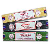 Set di incenso aromatico x 3 Satya Incenso Vaniglia + Gelsomino + Patchouli | Incenso Naturale Aromaterapia | Bastoncini di Incenso | 3 Scatole da 15 gr.