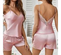 Set di indumenti da notte estivi di lusso in pizzo a V profondo senza schienale sexy Set pigiama in raso morbido per donna Comodo canottiera e pantaloncini a maniche corte
