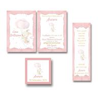 Set di Inviti per Battesimo Personalizzati: A partire da 20 Inviti, Tag Quadrati con Foro e Adesivi, e Segnalibri con Buste - Formati 120x95mmstampato su Cartoncino spesso (Coniglietto Rosa)