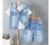 Set di jeans consumati per ragazzo pre-adolescente - Felpa con cappuccio e gilet in lavaggio vintage + pantaloncini strappati, outfit casual e comodo da strada, versatile per l'estate, le vacanze e il