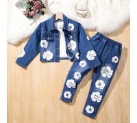Set di jeans da 2 pezzi per ragazze giovani: giacca da esterno stampata alla moda + pantaloni in denim casual con stampa, completo in jeans da ragazza dal design floreale alla moda per la strada 6Y,7Y