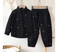 Set di jeans per ragazze giovani, nuova moda personalizzata, stile dolce retrò, pantaloni larghi a gamba dritta neri lavati con ricamo a pois colorati, set di jeans casual da vacanza in stile dolce pe