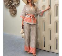 Set di kimono e pantaloni a vita alta da donna stile boho - maniche a gomito, vestibilità morbida, vita elastica, tessuto in viscosa, elegante set coordinato da vacanza e resort L,M,S,XLBlocchi di col