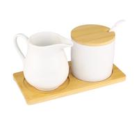 Set di latte e zucchero con coperchio e cucchiaio, brocca per latte in ceramica bianca e zuccheriera con vassoio in legno, lavabile in lavastoviglie e microonde
