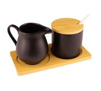 Set di latte e zucchero con coperchio e cucchiaio, brocca per latte in ceramica nera e zuccheriera con vassoio in legno, lavabile in lavastoviglie e microonde