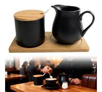 Set di latte e zucchero con coperchio e cucchiaio, in ceramica, con coperchio in bambù e zuccheriera, incluso vassoio in legno, lavabile in lavastoviglie, ideale per caffè, tazze da cappuccino e