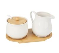 Set di latte e zucchero, set di porcellana per servire caffè e tè con coperchio e cucchiaio, zucchero e brocca con supporto in legno, adatto per microonde e lavastoviglie (bianco)