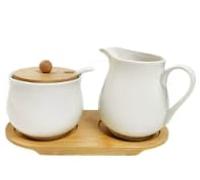 Set di latte e zucchero, set di zucchero con coperchio e cucchiaio, bricco per latte in ceramica e zuccheriera con vassoio in legno (bianco)