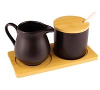 Set di latte e zucchero, set di zucchero con coperchio e cucchiaio, brocca per latte in ceramica e zuccheriera con vassoio in legno (nero)
